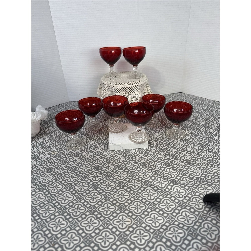 Vintage Set 8 Anchor Hocking Bubble Stem Champagne Sherbet Glasses Ruby Red 3.5"